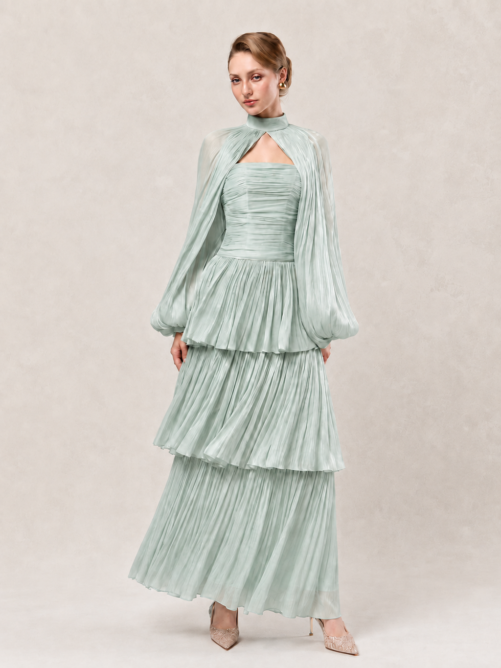 Women’s Pale Romantic Satin High Neck Long Sleeve A-Line Maxi Dress with Ruched Tiered Detail