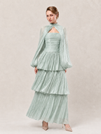 Women’s Pale Romantic Satin High Neck Long Sleeve A-Line Maxi Dress with Ruched Tiered Detail