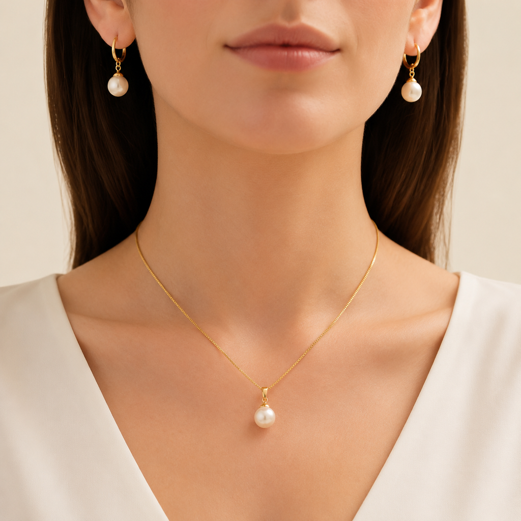 Women’s Dainty Pearl Drop Necklace & Hoop Earring Set