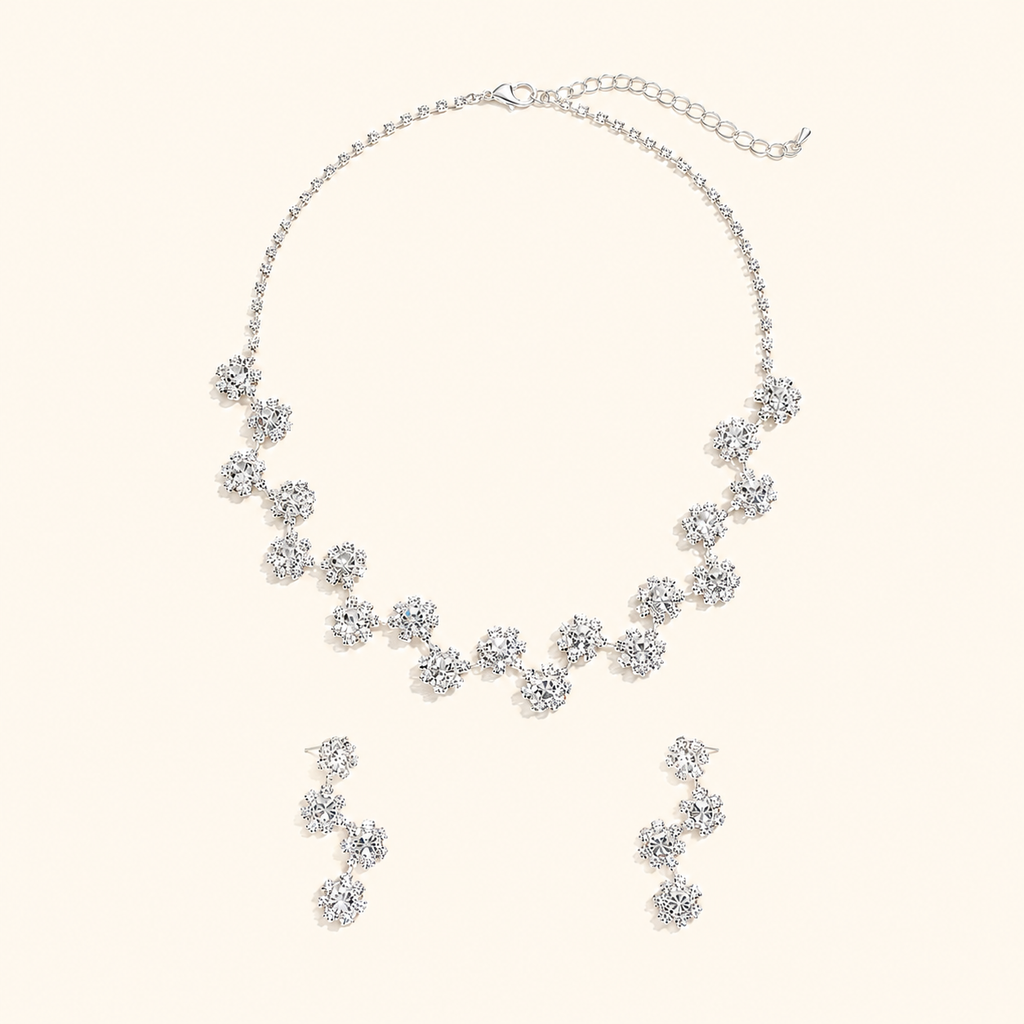 Women’s Silver Crystal Interlaced Floral Necklace & Drop Earrings Set