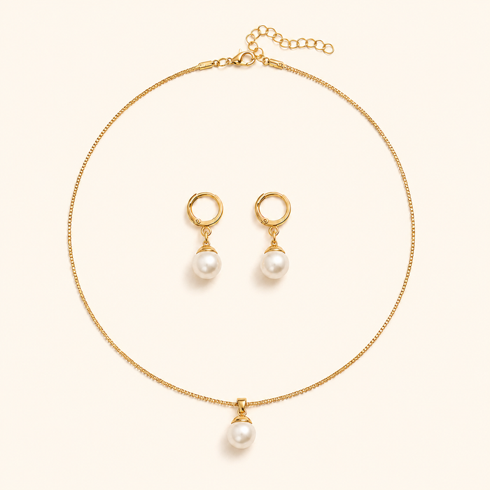 Women’s Dainty Pearl Drop Necklace & Hoop Earring Set