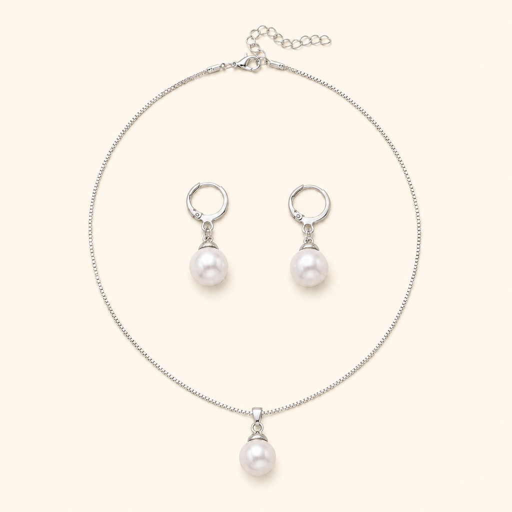 Women’s Dainty Pearl Drop Necklace & Hoop Earring Set