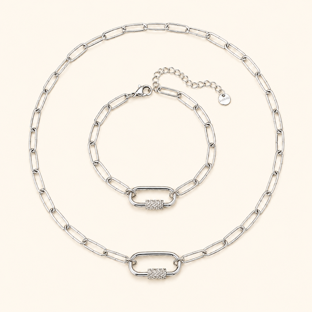 Women’s Paperclip Chain Necklace & Bracelet Set with Textured Screw Clasp