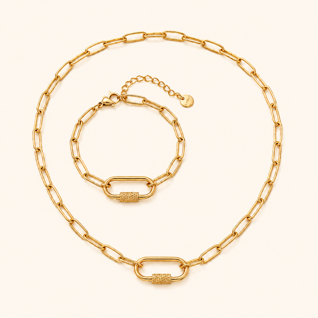 Women’s Paperclip Chain Necklace & Bracelet Set with Textured Screw Clasp