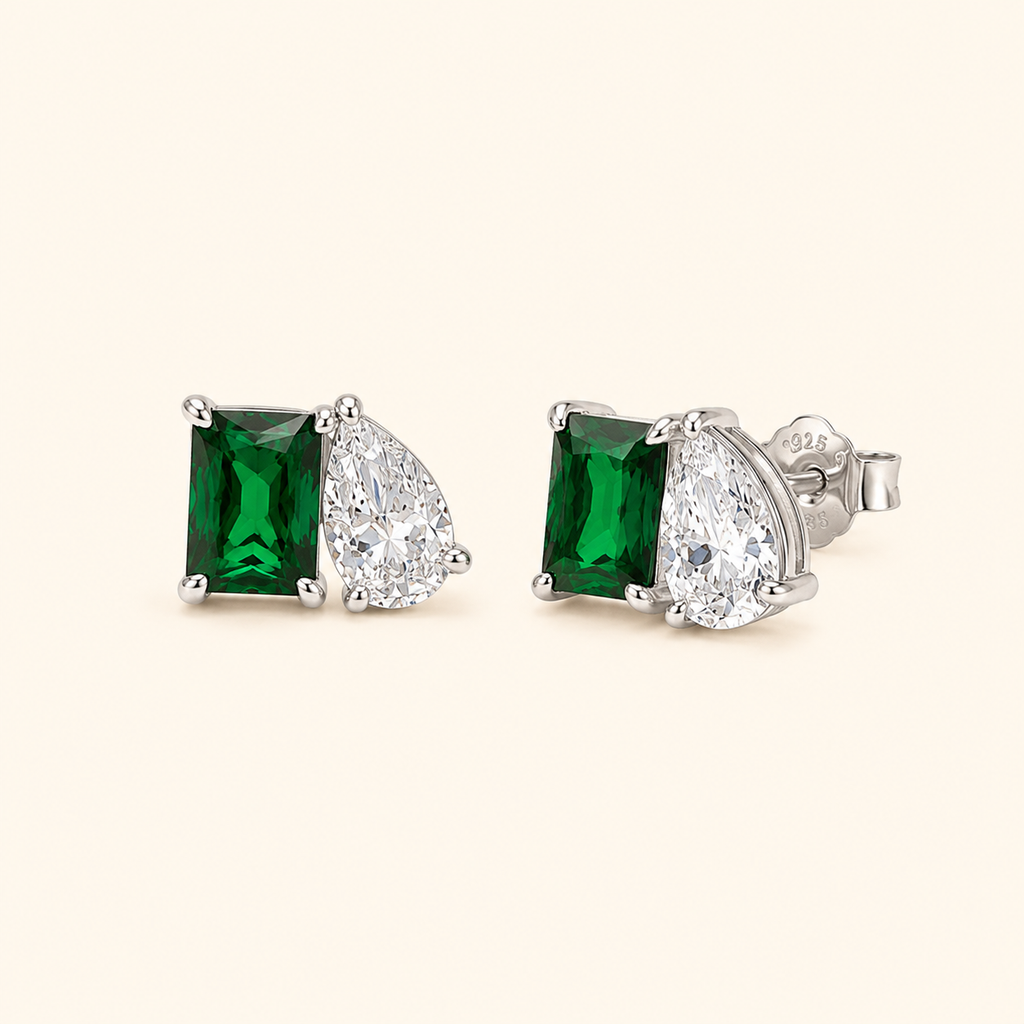 Women’s Emerald Green Rectangular and Pear-Cut Cubic Zirconia Sterling Silver Stud Earrings
