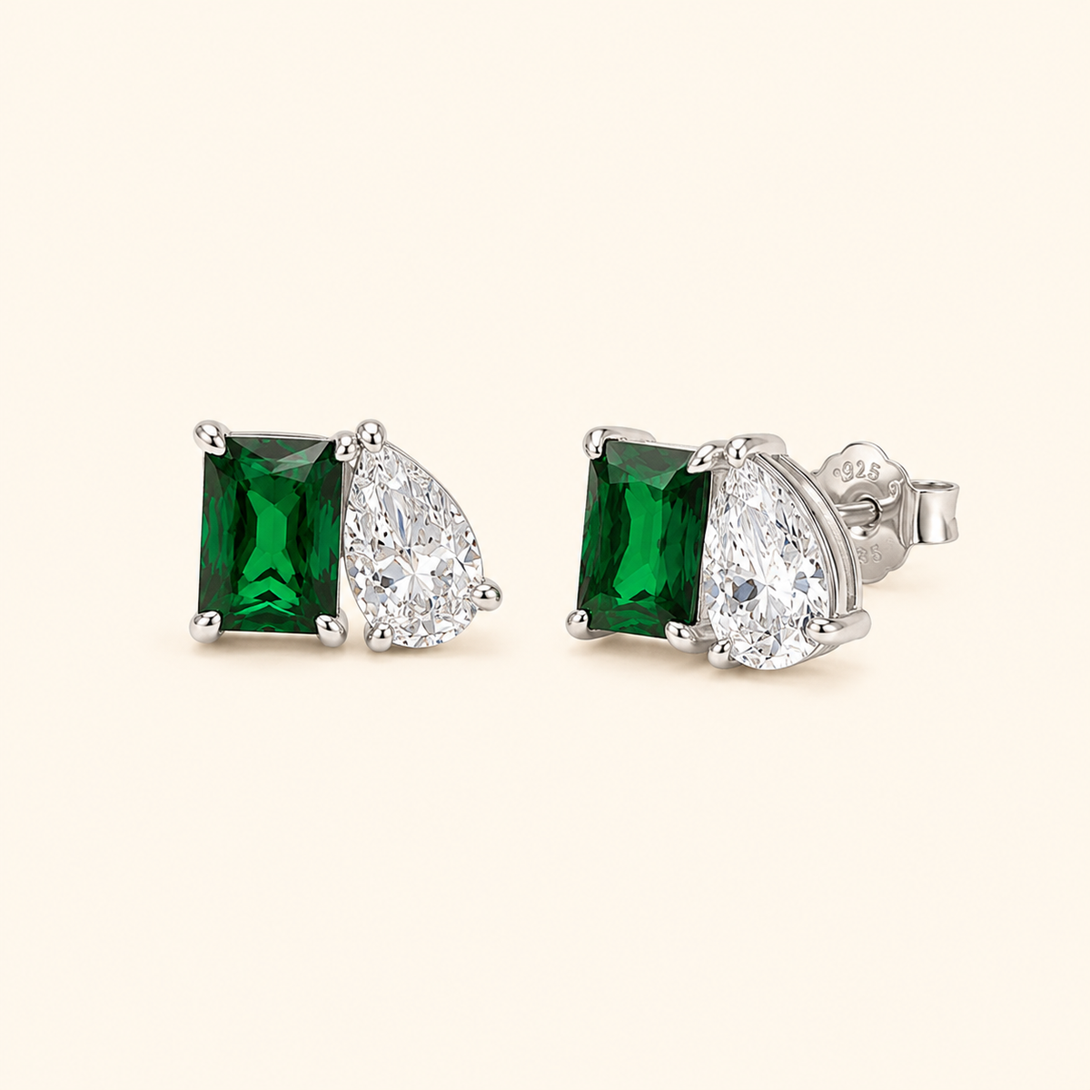 Women’s Emerald Green Rectangular and Pear-Cut Cubic Zirconia Sterling Silver Stud Earrings