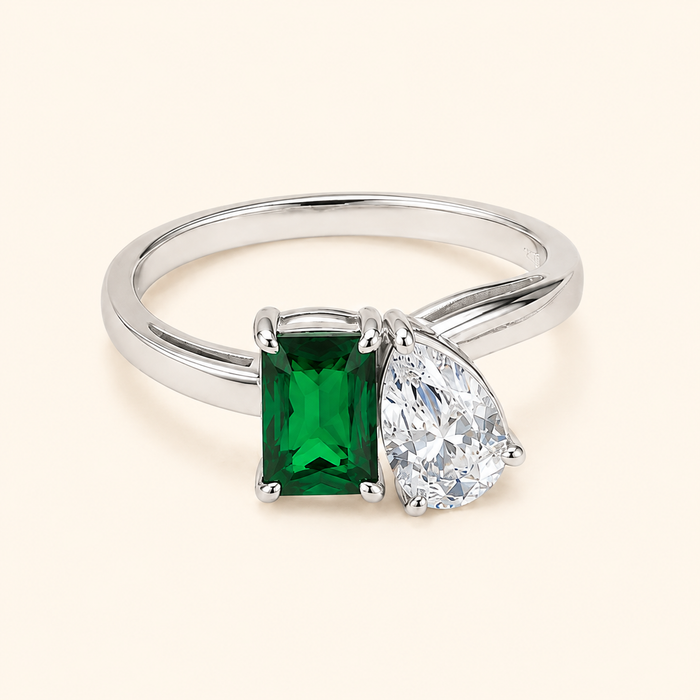 Women’s 925 Sterling Silver Emerald Green Two-Stone Ring