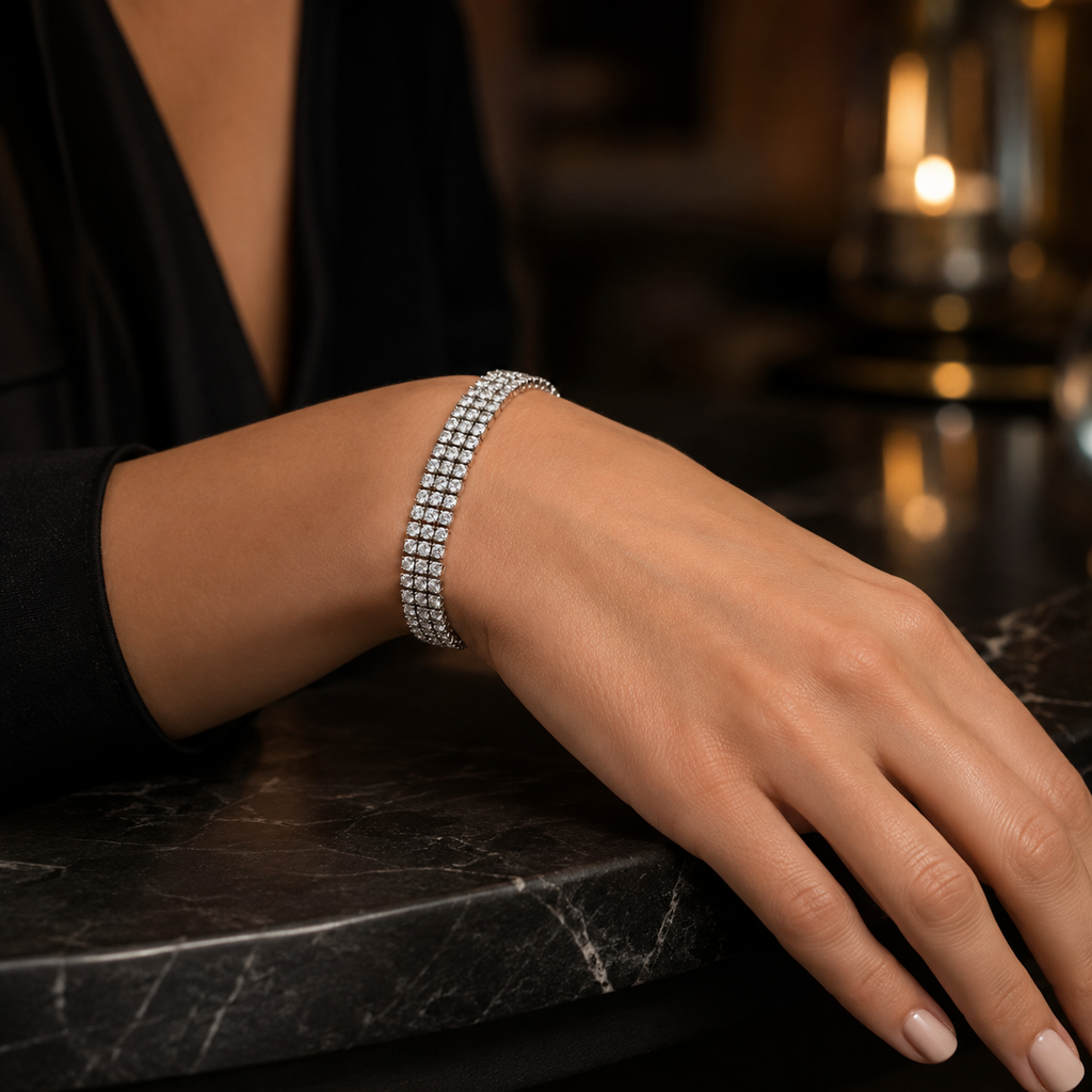 Double Row Cubic Zirconia Tennis Bracelet – Gold & Silver