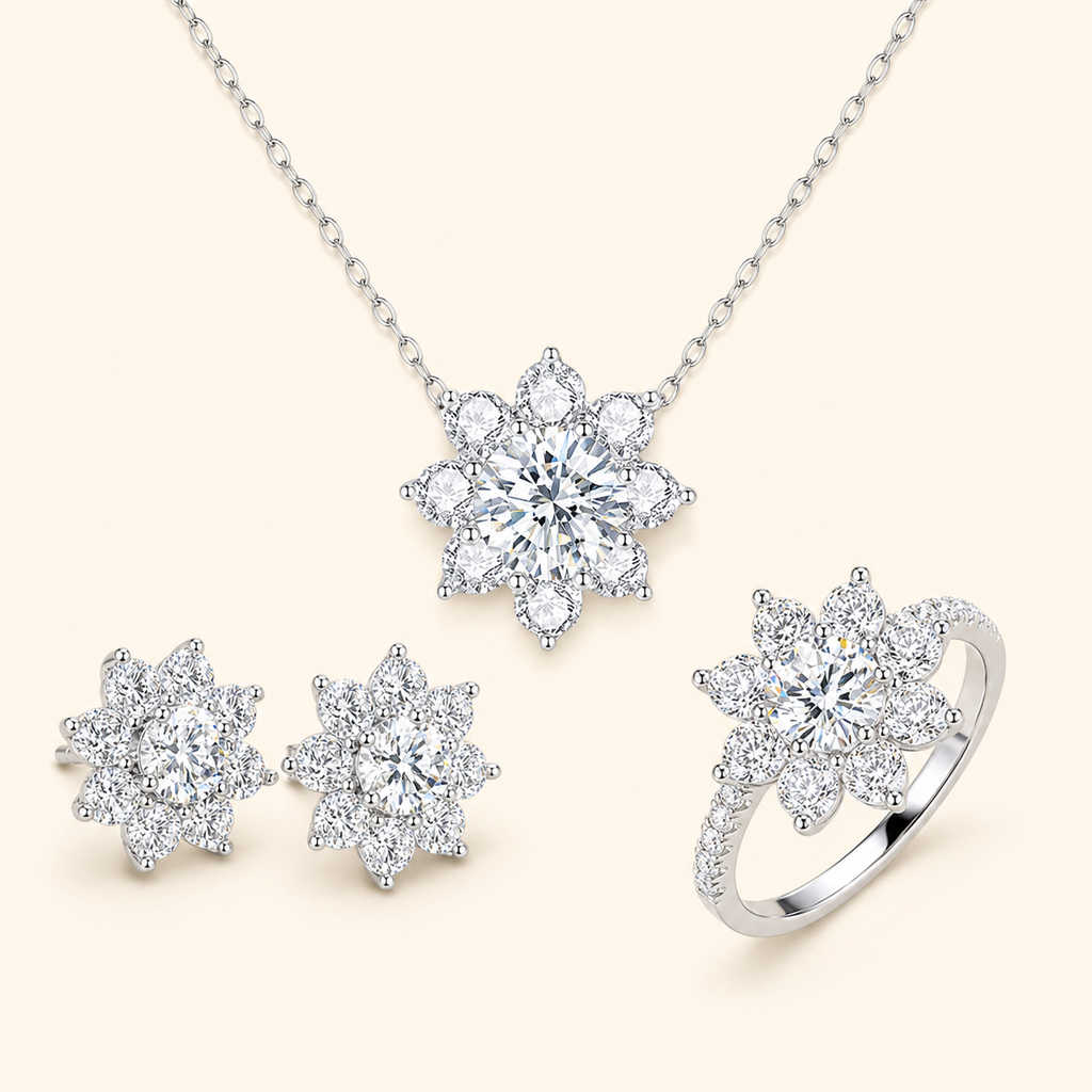 S925 Sterling Silver Moissanite Sunflower Jewelry Set – Necklace, Stud Earrings & Ring