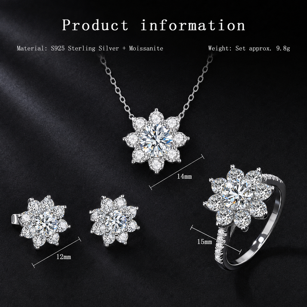 S925 Sterling Silver Moissanite Sunflower Jewelry Set – Necklace, Stud Earrings & Ring
