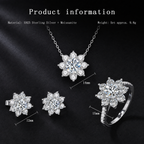 S925 Sterling Silver Moissanite Sunflower Jewelry Set – Necklace, Stud Earrings & Ring