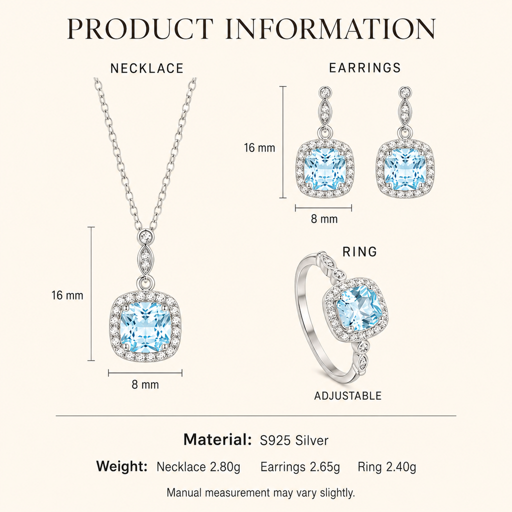 S925 Sterling Silver Blue Stone Jewelry Set – Necklace, Drop Earrings & Adjustable Ring