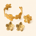 18K Gold PVD Stainless Steel Floral Jewelry Set – Cuff Bracelet, Stud Earrings & Ring