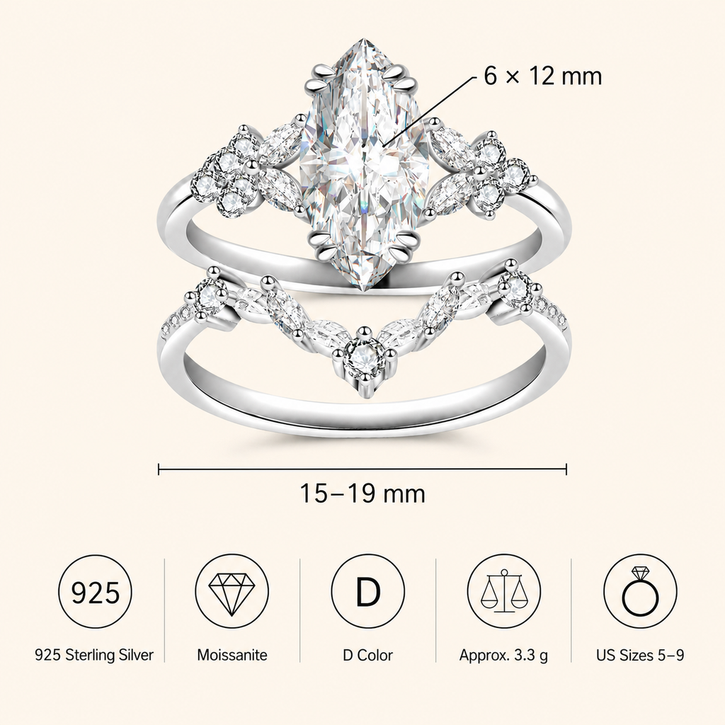 Women’s 925 Sterling Silver Marquise Moissanite Stackable Ring Set