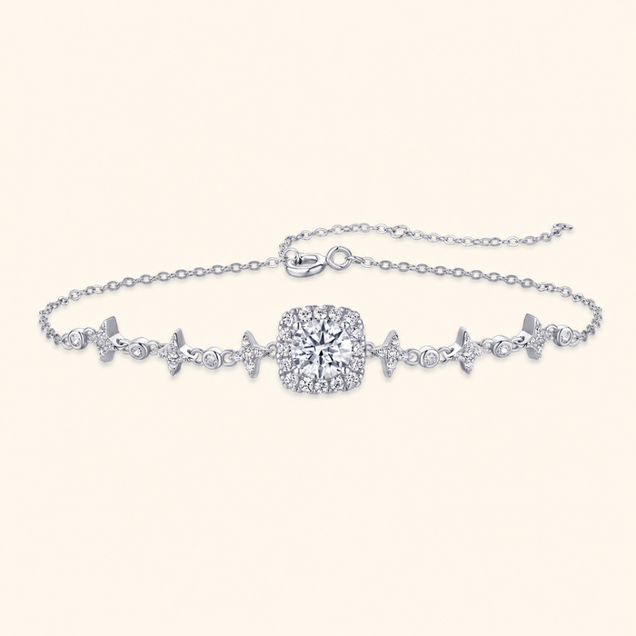 Women’s 925 Sterling Silver Moissanite Star Link Adjustable Bracelet with Halo Center Stone