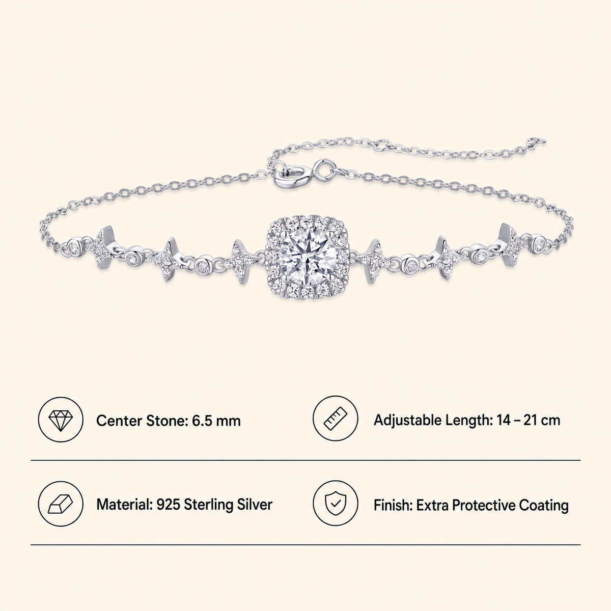 Women’s 925 Sterling Silver Moissanite Star Link Adjustable Bracelet with Halo Center Stone