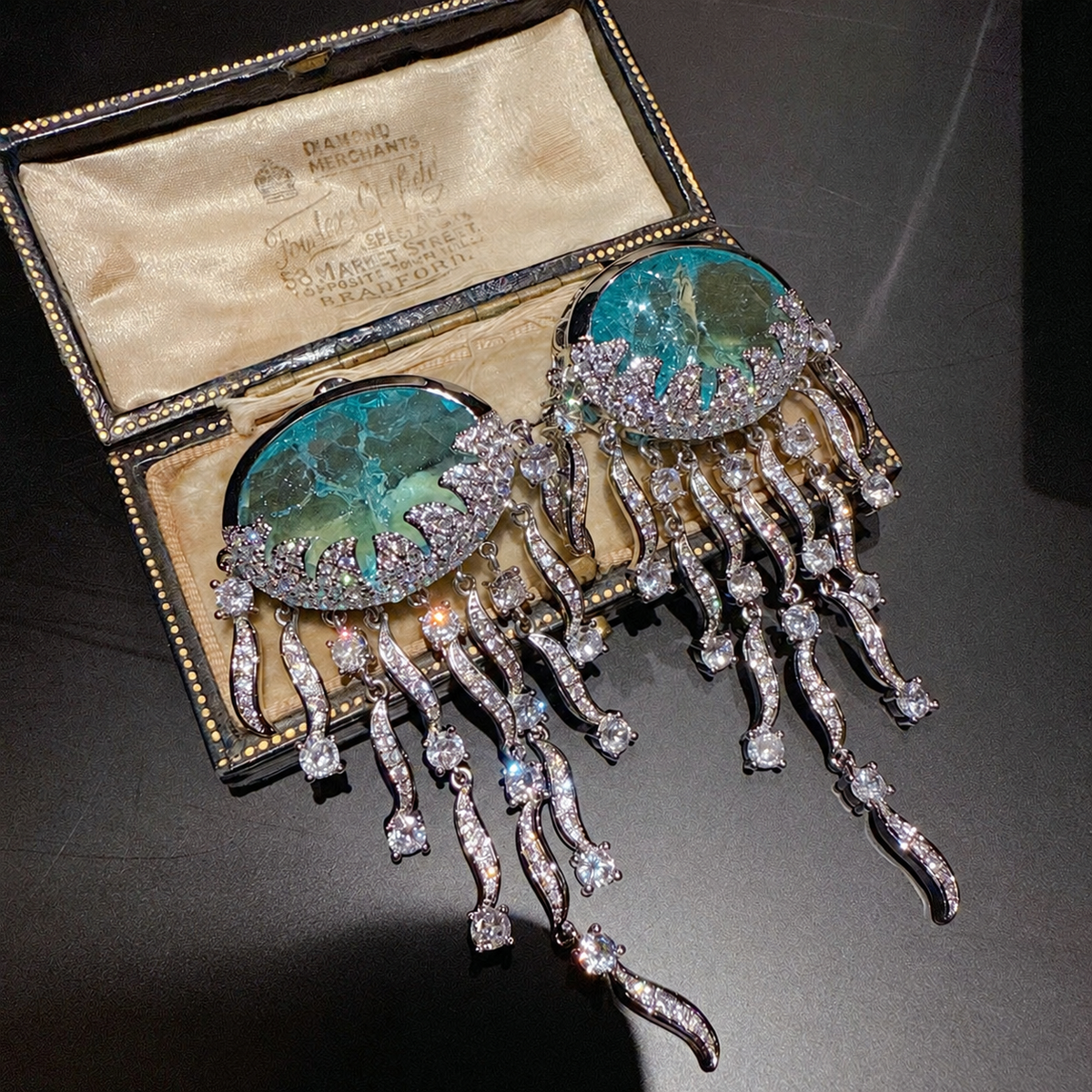 Iridescent Jellyfish Gemstone Tassel Drop Earrings with Cloud Pattern Stones