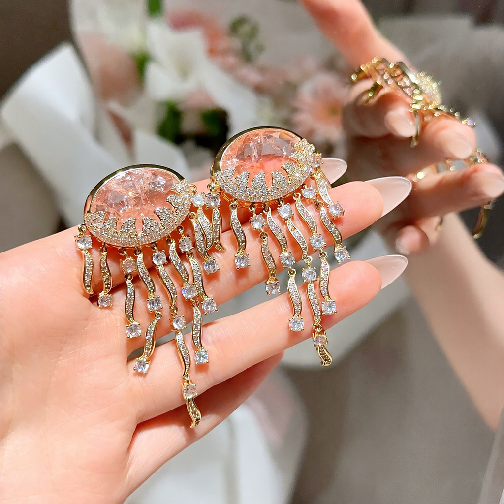 Iridescent Jellyfish Gemstone Tassel Drop Earrings with Cloud Pattern Stones