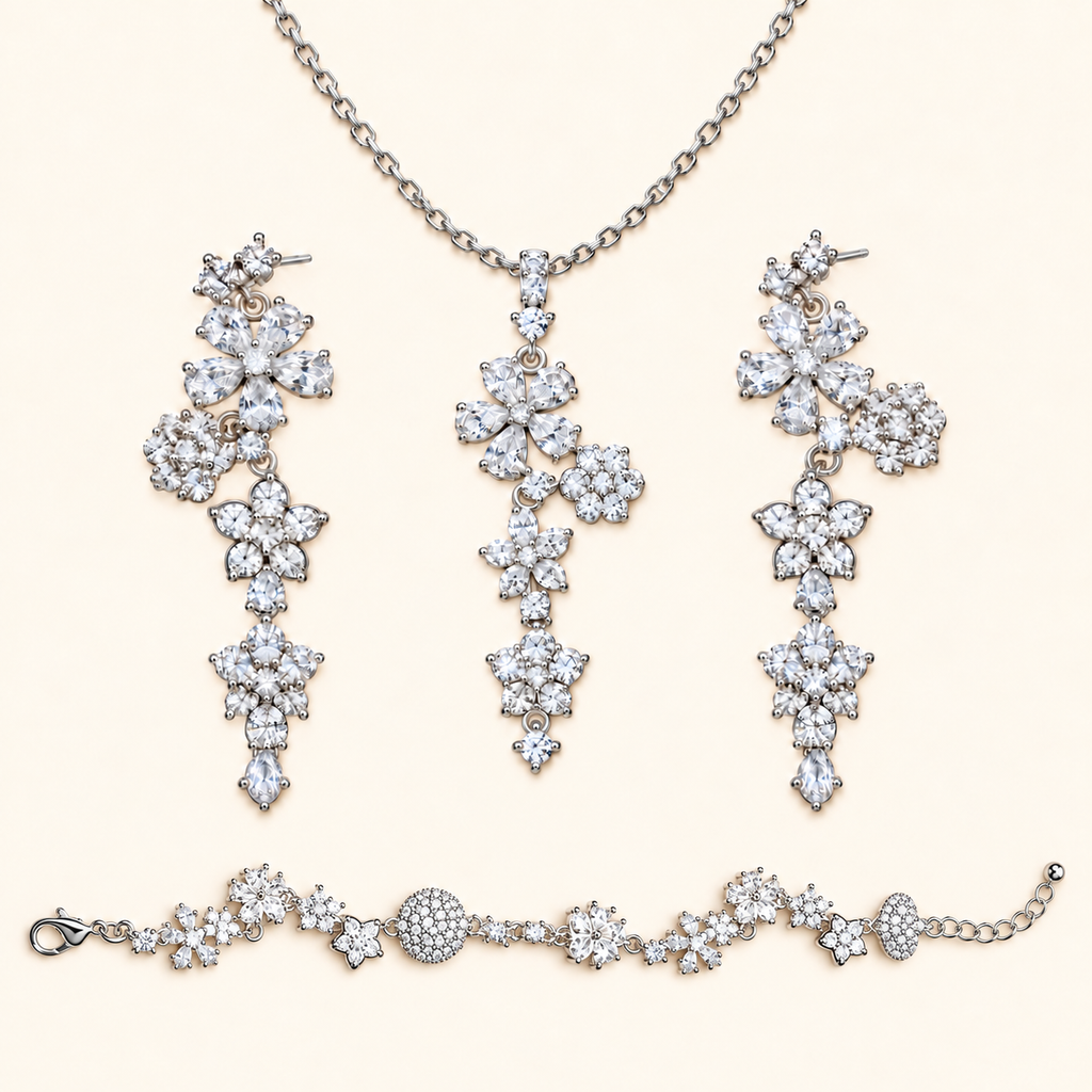 Fairy Blossom Star Cubic Zirconia Necklace, Bracelet and Drop Earrings Jewelry Set