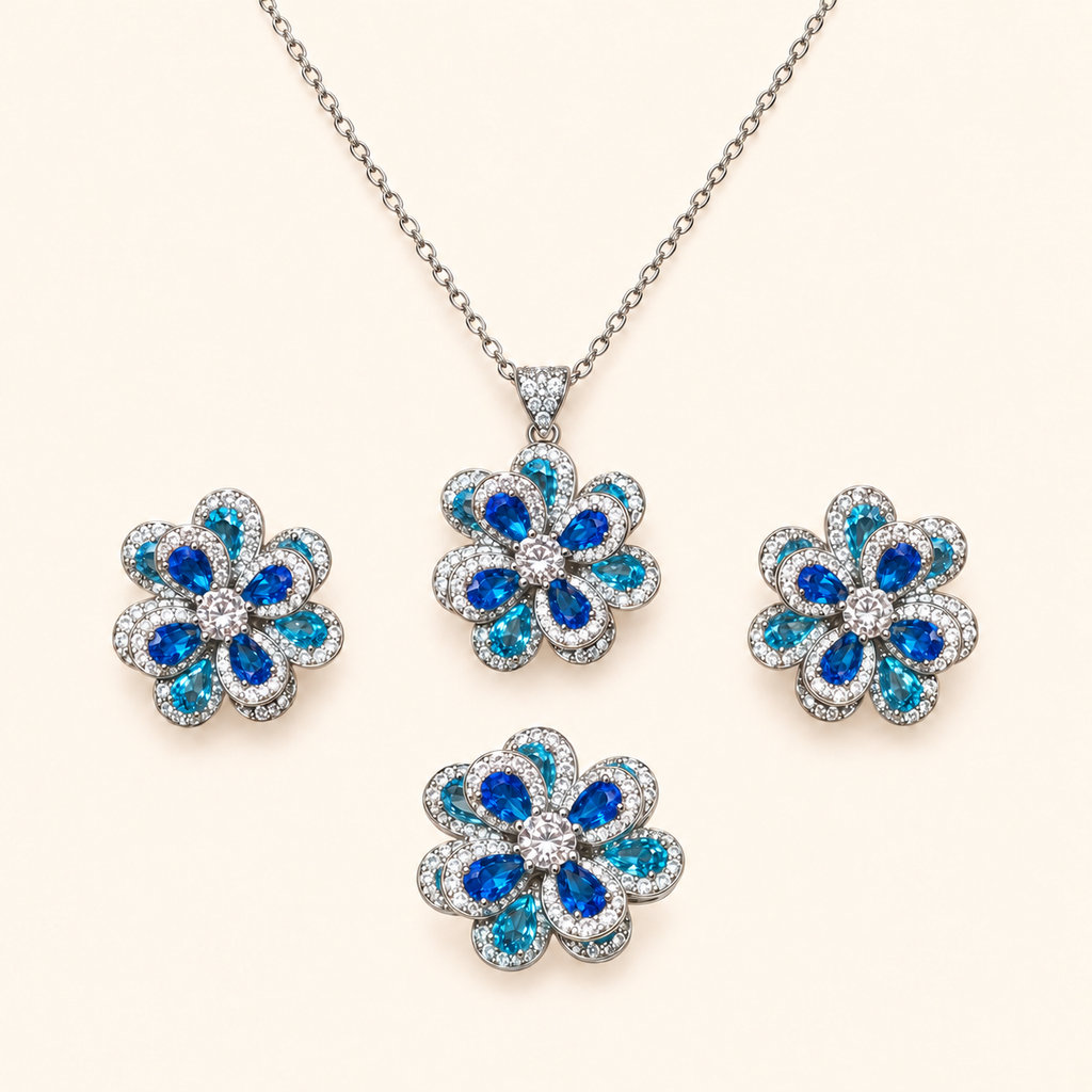 Royal Blue Gradient Floral Cubic Zirconia Necklace, Earrings & Ring Jewelry Set
