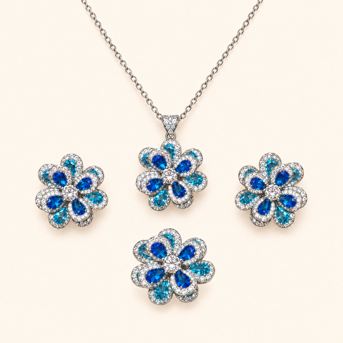 Royal Blue Gradient Floral Cubic Zirconia Necklace, Earrings & Ring Jewelry Set