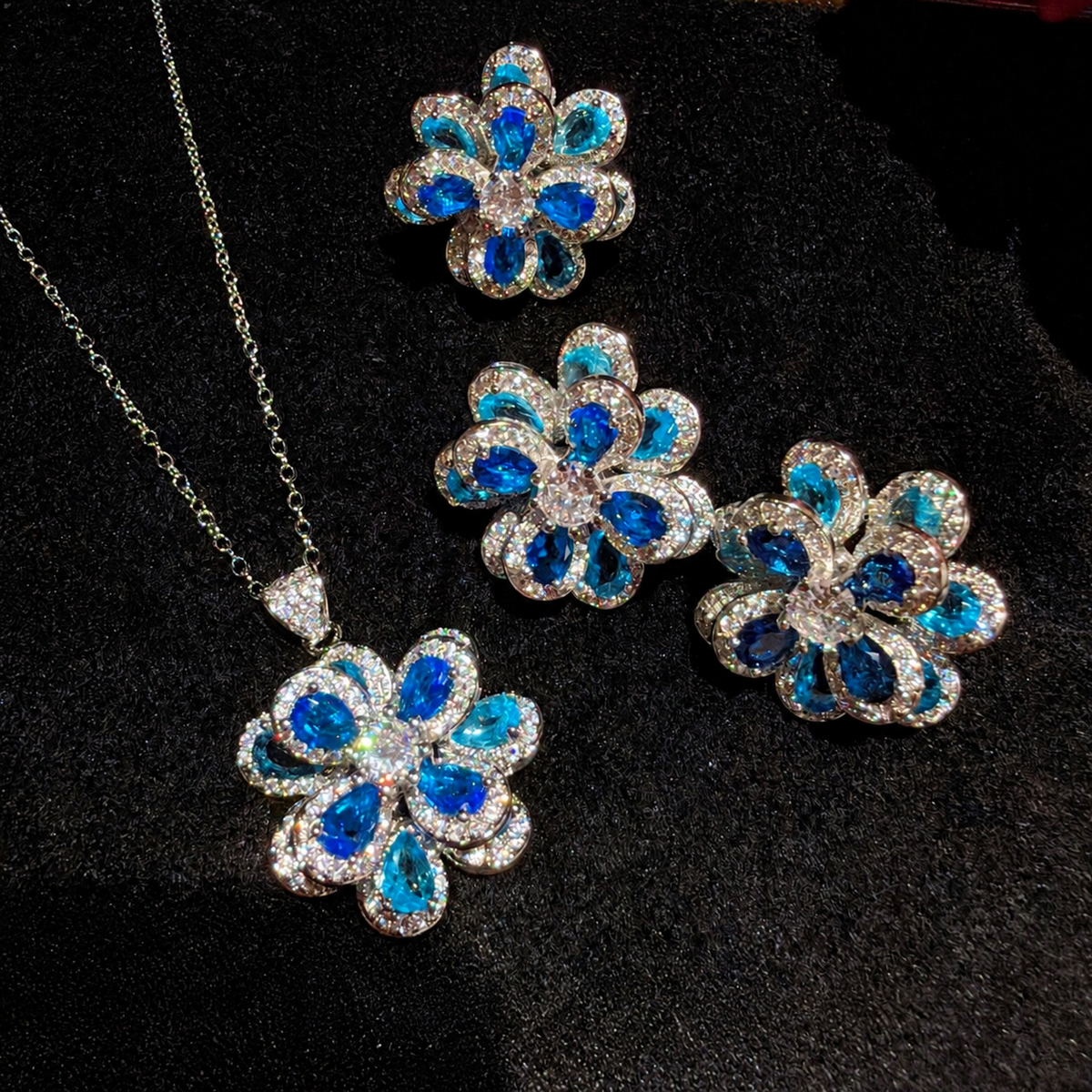 Royal Blue Gradient Floral Cubic Zirconia Necklace, Earrings & Ring Jewelry Set