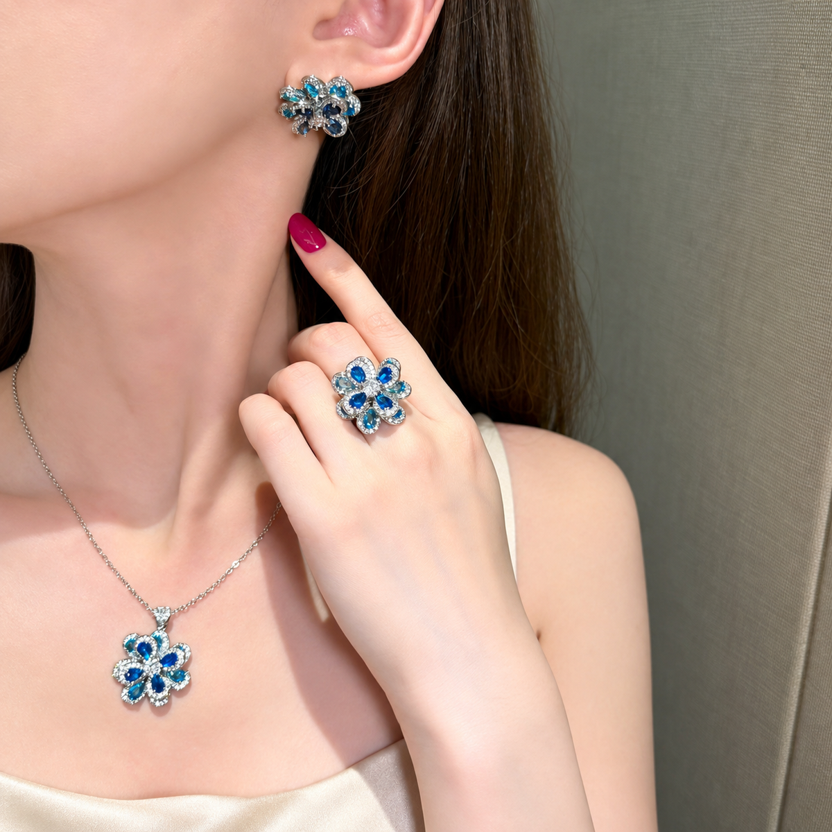 Royal Blue Gradient Floral Cubic Zirconia Necklace, Earrings & Ring Jewelry Set