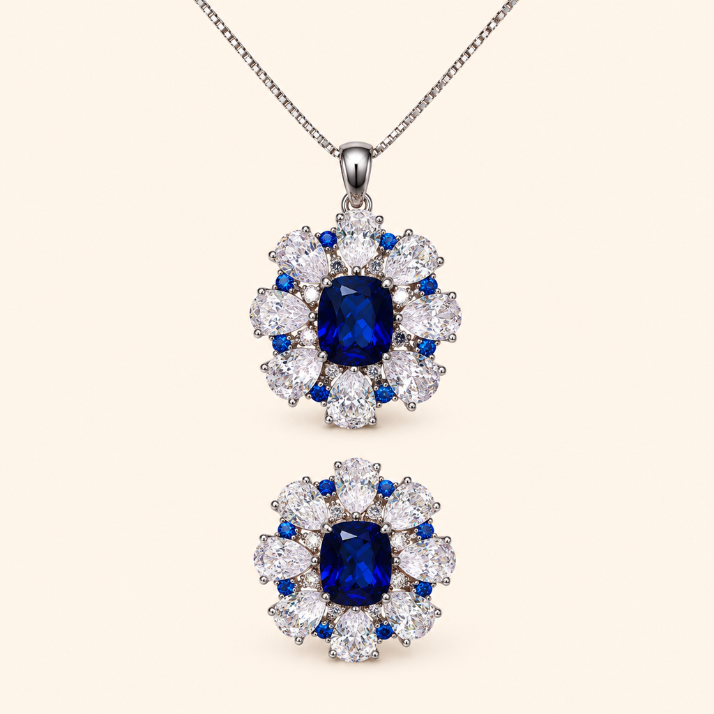 Women’s Deep Blue Sapphire Floral Cubic Zirconia Necklace and Earrings Set