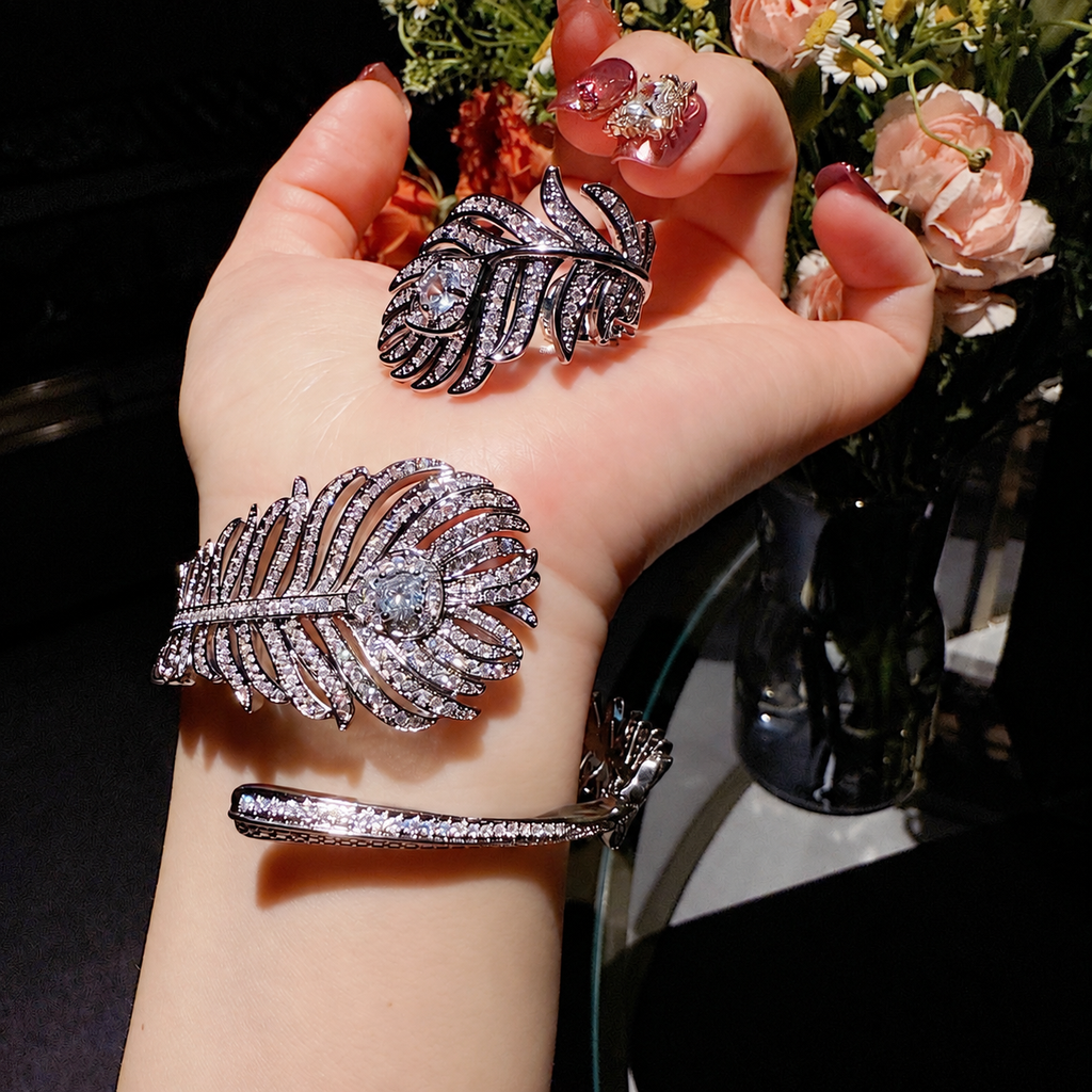 Women’s Silver-Tone Pavé Cubic Zirconia Peacock Feather Bracelet and Ring Set