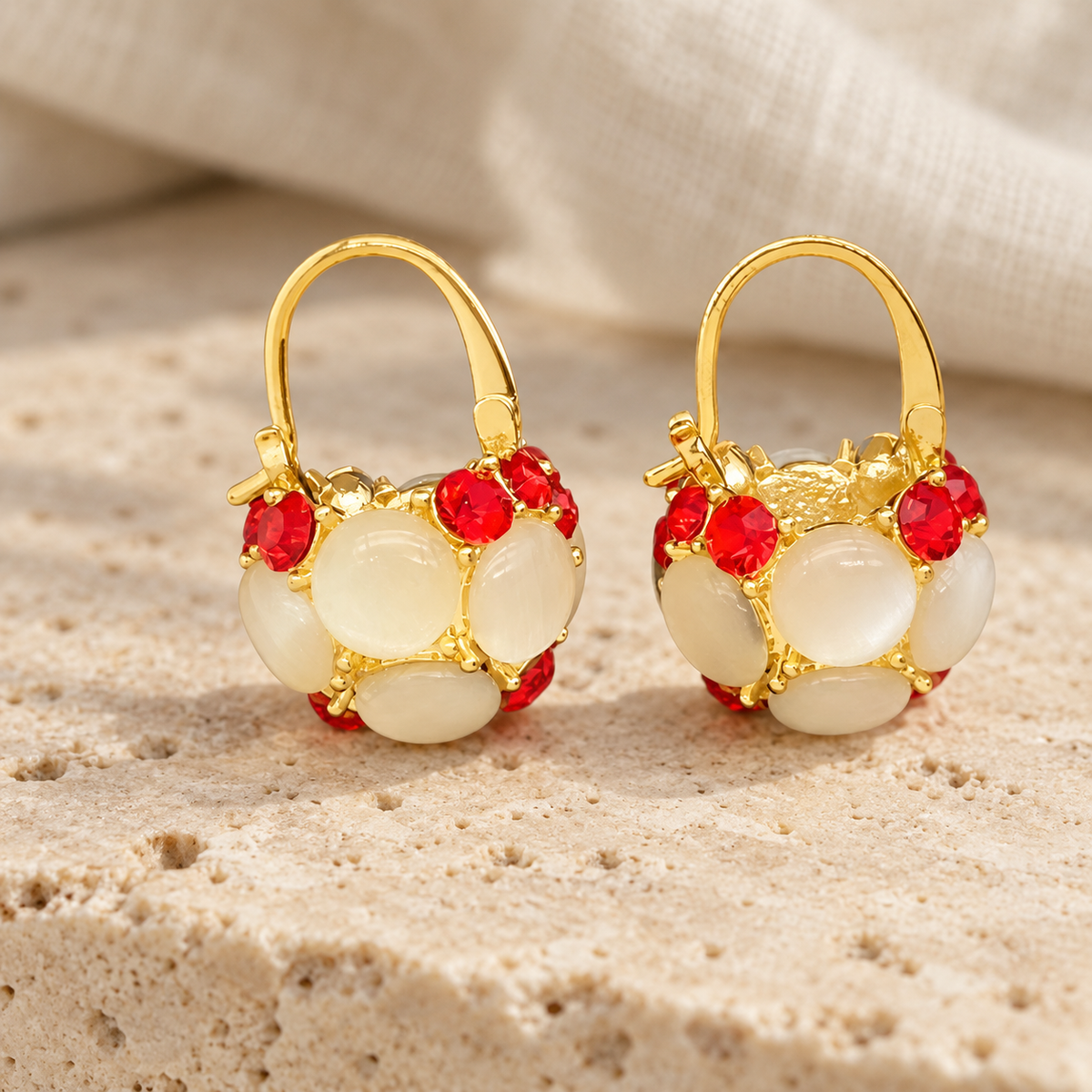 Women’s Vintage Cat’s Eye Stone Geometric Round Hoop Earrings with Zircon Accents