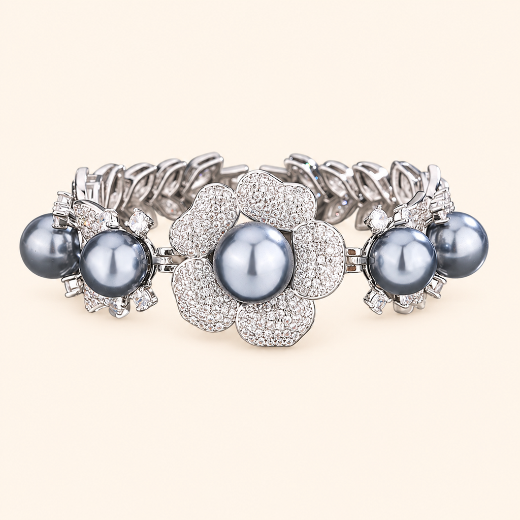 Women’s Vintage Crystal Flower Imitation Pearl Bracelet with Grey, White or Gold Pearl Accents