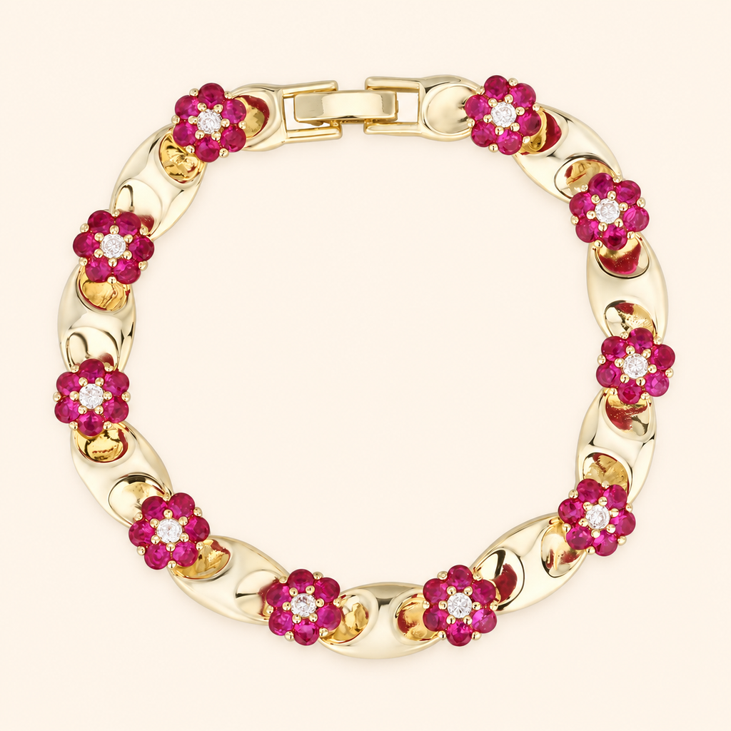 Women’s Vintage Red Crystal Flower Link Bracelet in Gold or Silver Tone