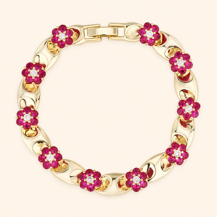 Women’s Vintage Red Crystal Flower Link Bracelet in Gold or Silver Tone