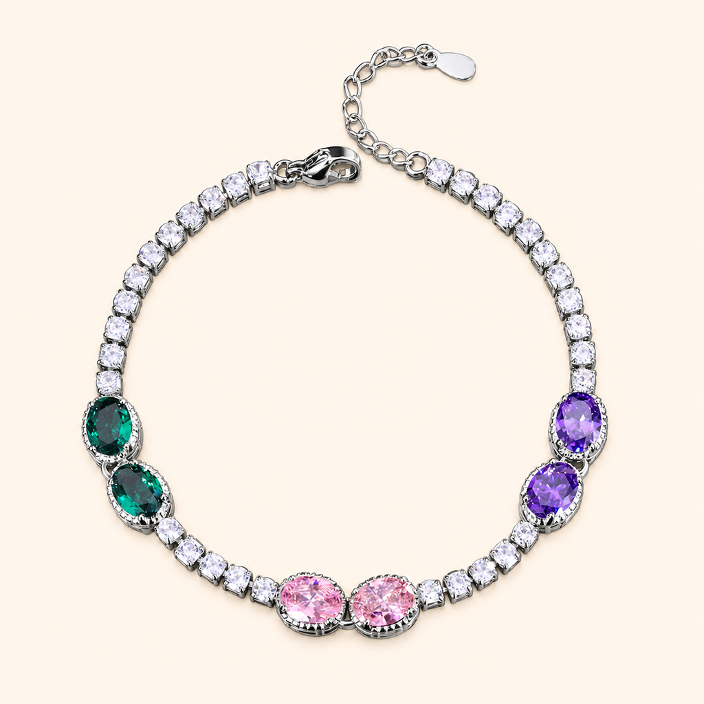 Women’s Amethyst-Inspired Cubic Zirconia Tennis Bracelet with Heart, Oval or Round Gemstone Detail