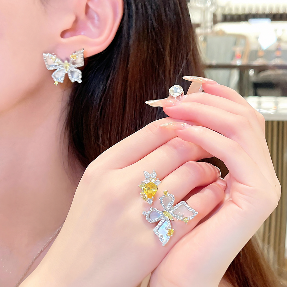 Women’s Cinderella Butterfly Jewelry Set with Shell Inlays and Pale Yellow Cubic Zirconia
