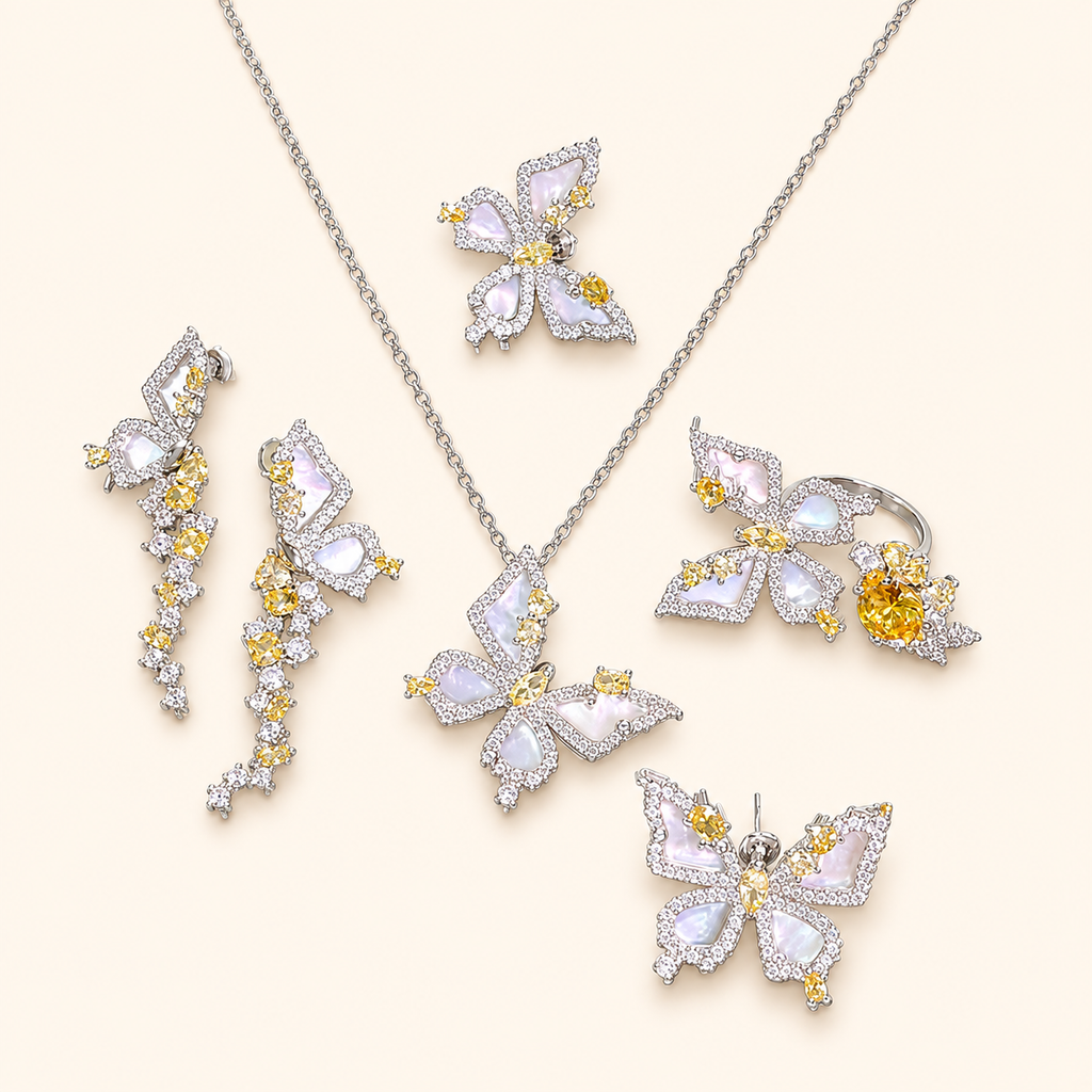 Women’s Cinderella Butterfly Jewelry Set with Shell Inlays and Pale Yellow Cubic Zirconia