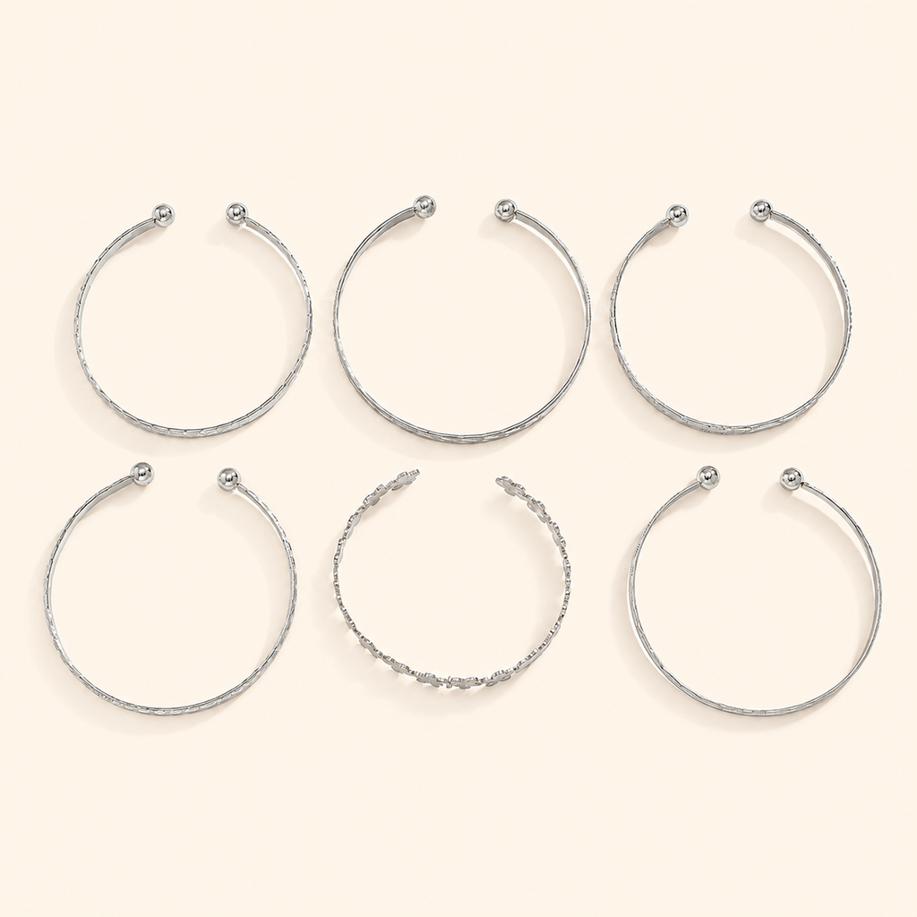 Women’s 6-Piece Textured Bangle Set with Floral, Heart and Star Details