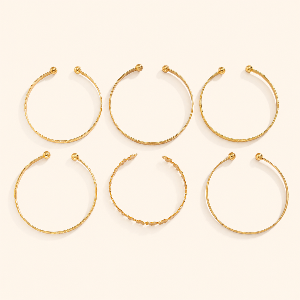 Women’s 6-Piece Textured Bangle Set with Floral, Heart and Star Details