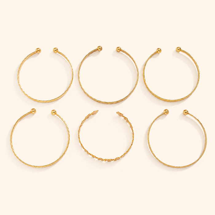 Women’s 6-Piece Textured Bangle Set with Floral, Heart and Star Details