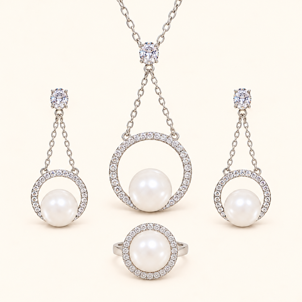 Women’s Elegant White Shell Pearl Necklace, Earrings & Ring Set with Cubic Zirconia Detail