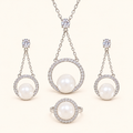 Women’s Elegant White Shell Pearl Necklace, Earrings & Ring Set with Cubic Zirconia Detail