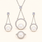 Women’s Elegant White Shell Pearl Necklace, Earrings & Ring Set with Cubic Zirconia Detail