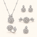 Women’s Elegant Camellia Necklace, Earrings, Bangle & Two-Ring Set with Cubic Zirconia