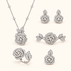 Women’s Elegant Camellia Necklace, Earrings, Bangle & Two-Ring Set with Cubic Zirconia