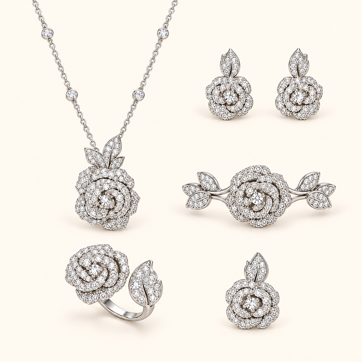 Women’s Elegant Camellia Necklace, Earrings, Bangle & Two-Ring Set with Cubic Zirconia