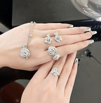 Women’s Elegant Camellia Necklace, Earrings, Bangle & Two-Ring Set with Cubic Zirconia