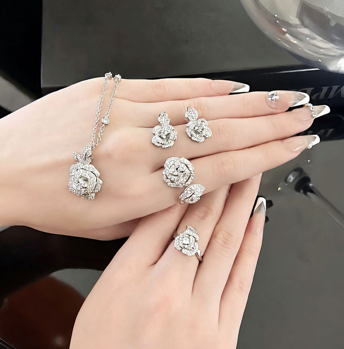 Women’s Elegant Camellia Necklace, Earrings, Bangle & Two-Ring Set with Cubic Zirconia