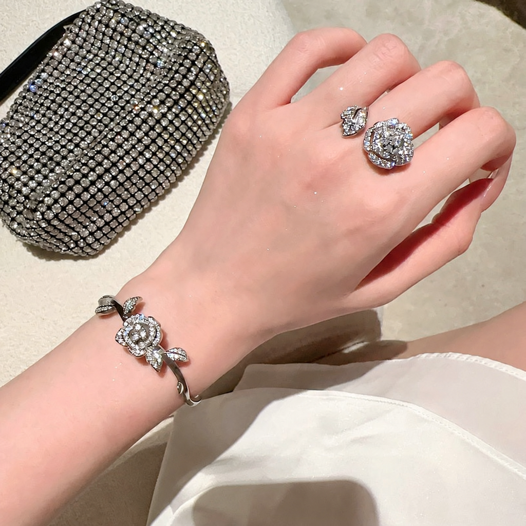 Women’s Elegant Camellia Necklace, Earrings, Bangle & Two-Ring Set with Cubic Zirconia