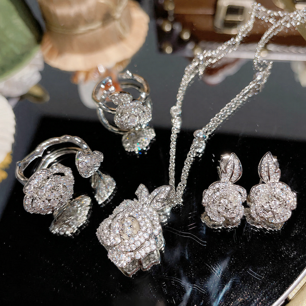 Women’s Elegant Camellia Necklace, Earrings, Bangle & Two-Ring Set with Cubic Zirconia