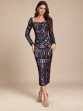 Women’s Black Glamorous Sequin Square Neck Long Sleeve Bodycon Midi Dress with Multicolor Geometric Pattern